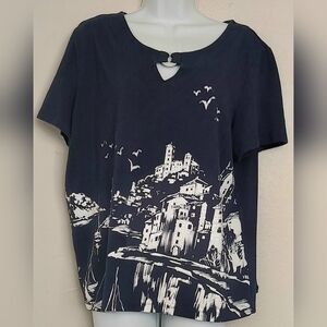Alfred Dunner Coastal Scenic Graphic Women's Top Navy Blue  Sequinned Sz L